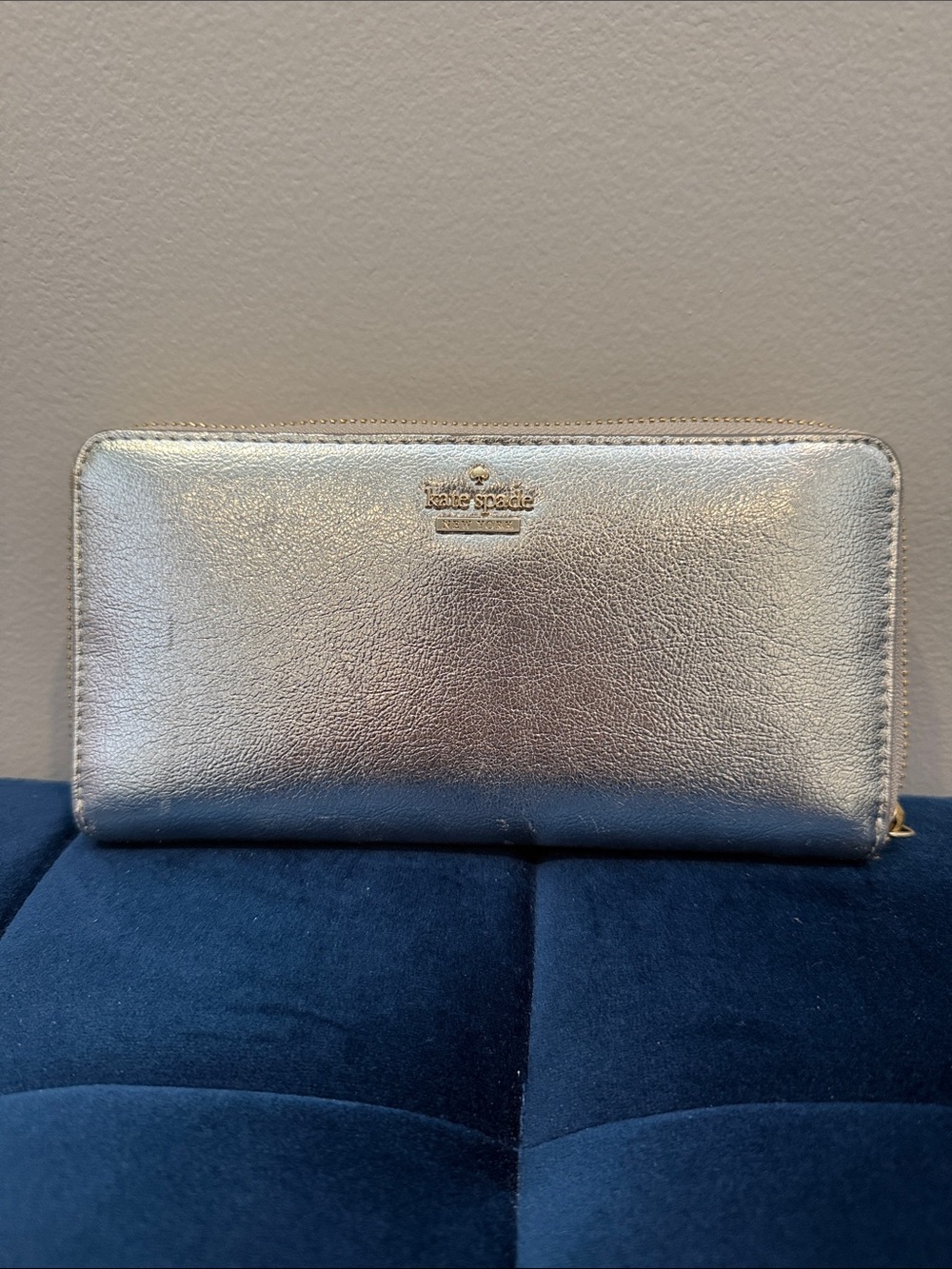 kate spade Metallic Silver Zip Wallet with Gold Logo